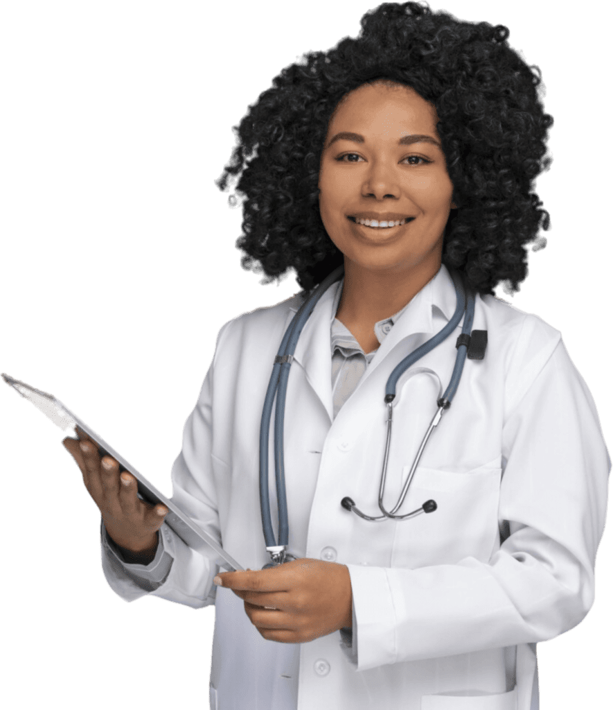 Healthcare worker in white coat holding tablet