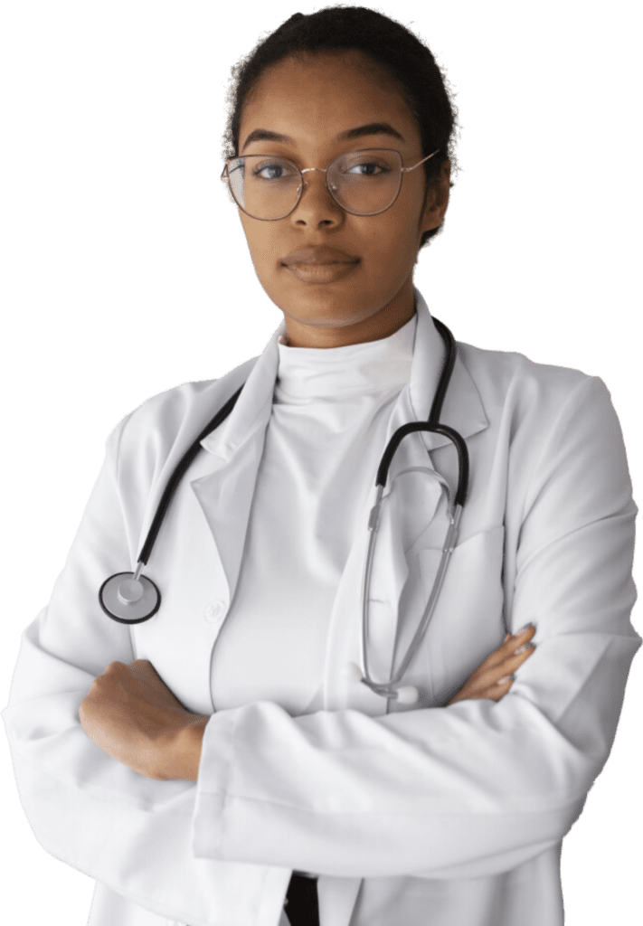 Female doctor wearing glasses and lab coat