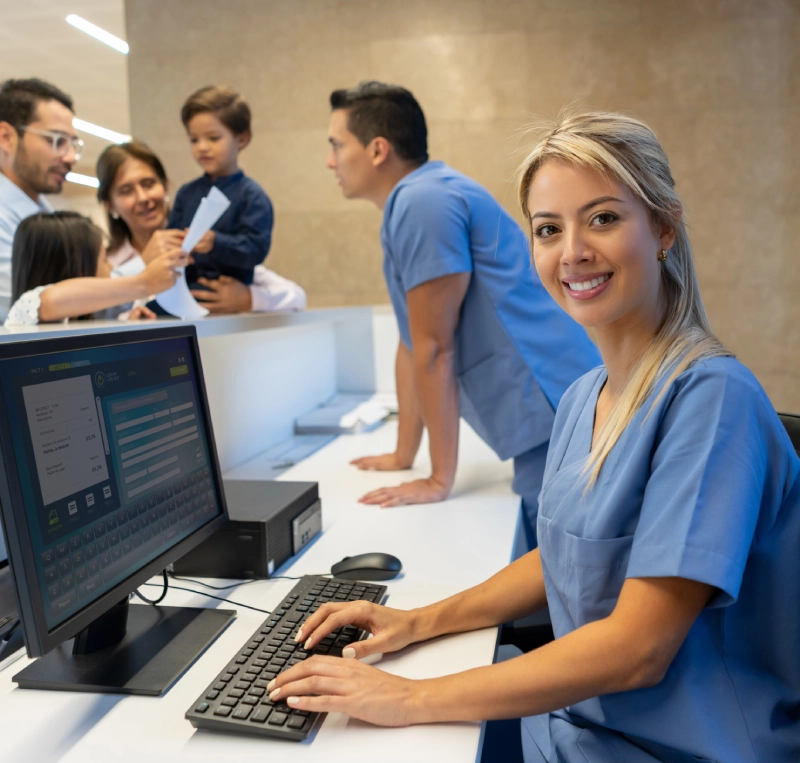 Healthcare staff engaging with patients at a clinic reception desk.