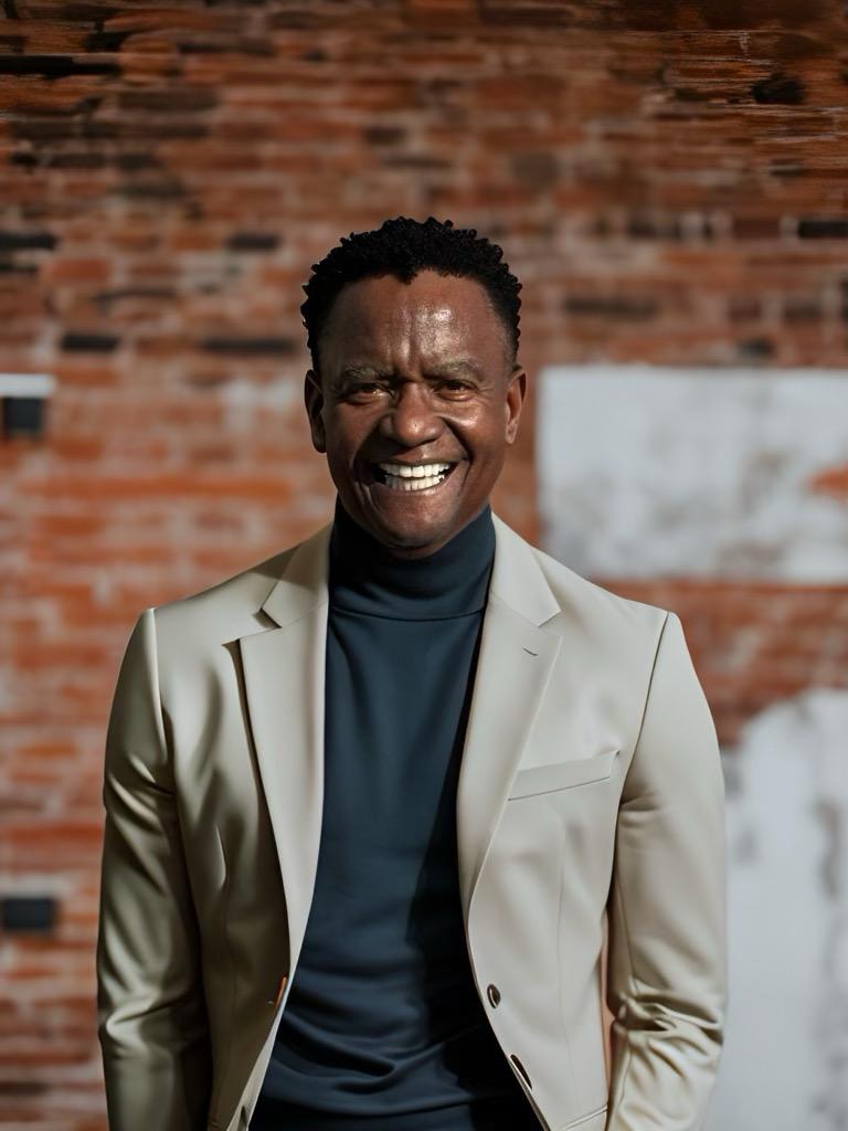 Smiling man in beige blazer and black turtleneck stands against a brick wall.